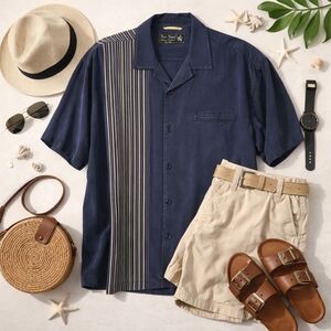 NAT NAST BLUE SHORT SLEEVE BUTTON SILK CAMP SHIRT. MENS XL